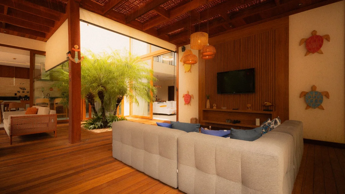 Warm wood-paneled living room
