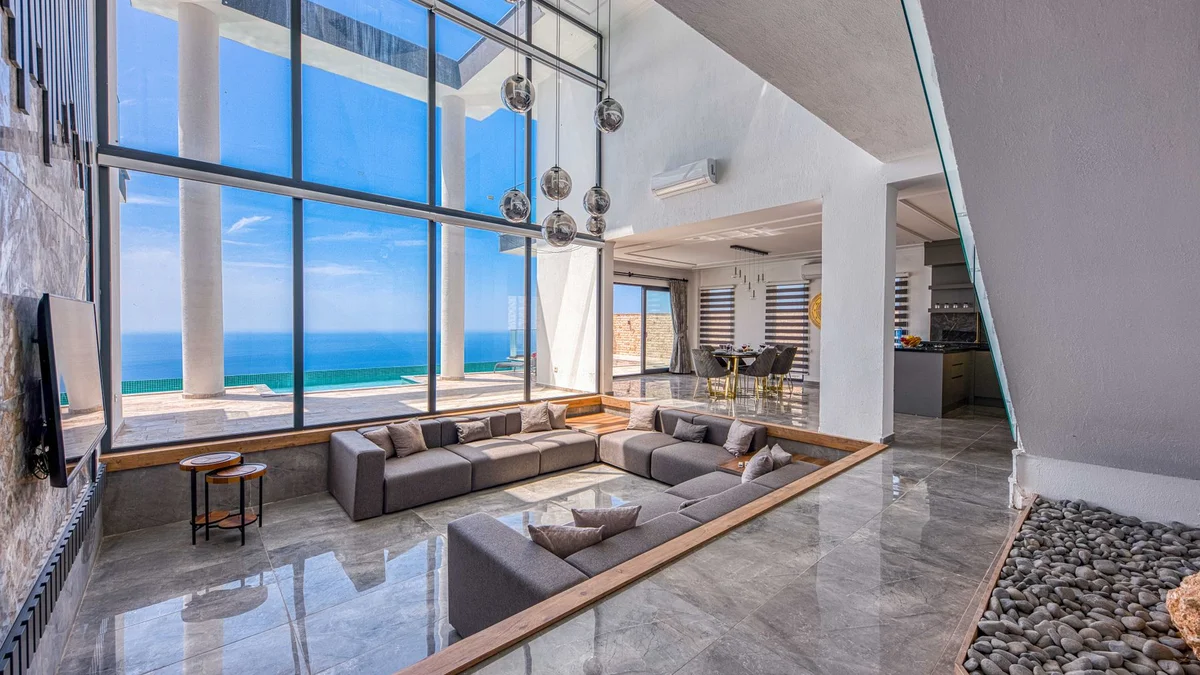 Living room with floor-to-ceiling Gulf views